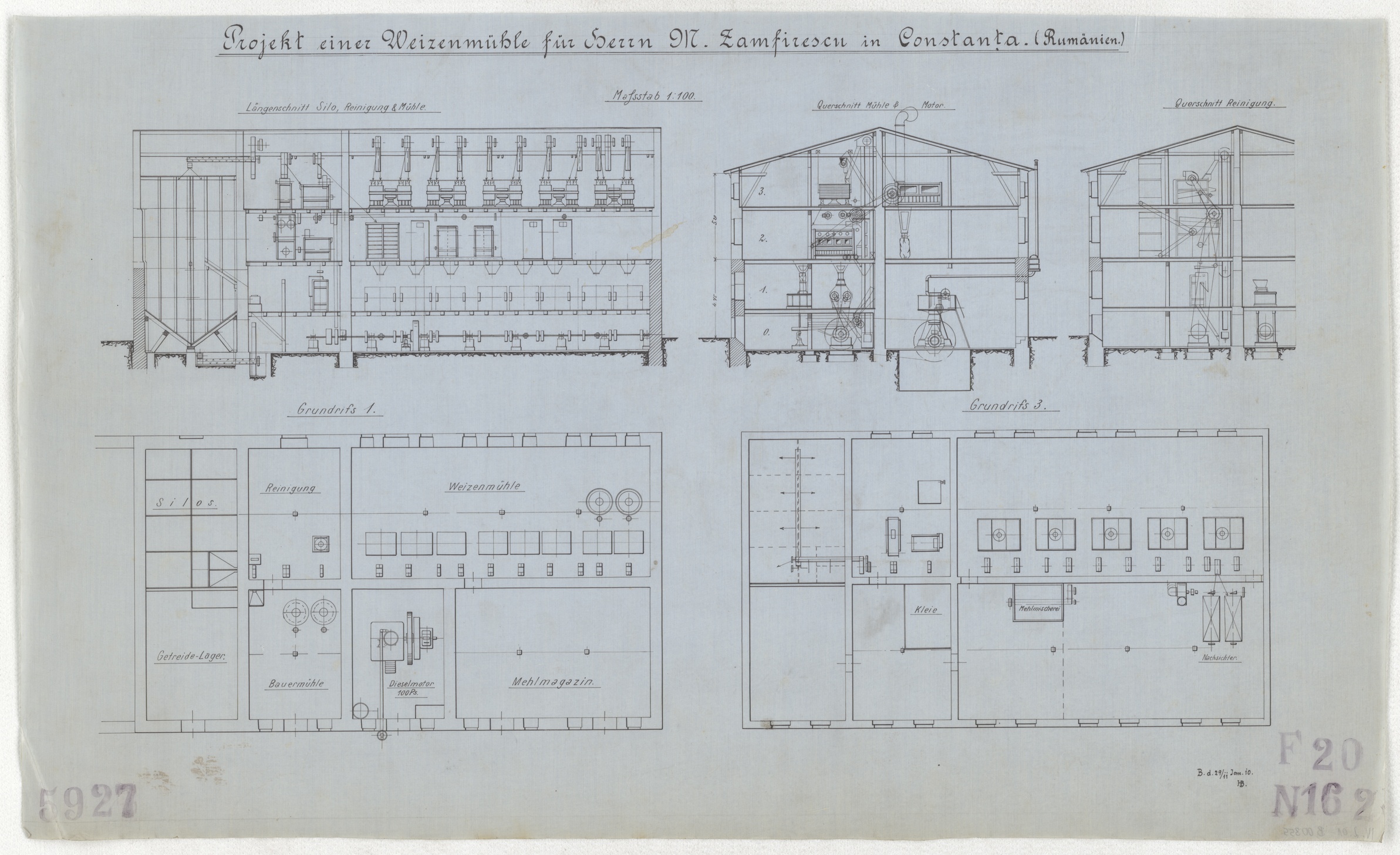 Technische Zeichnung : Projekt einer Weizenmühle für Herrn M. Zamfirescu in Konstanza (Rumänien) (Stiftung Deutsches Technikmuseum Berlin CC BY-SA)