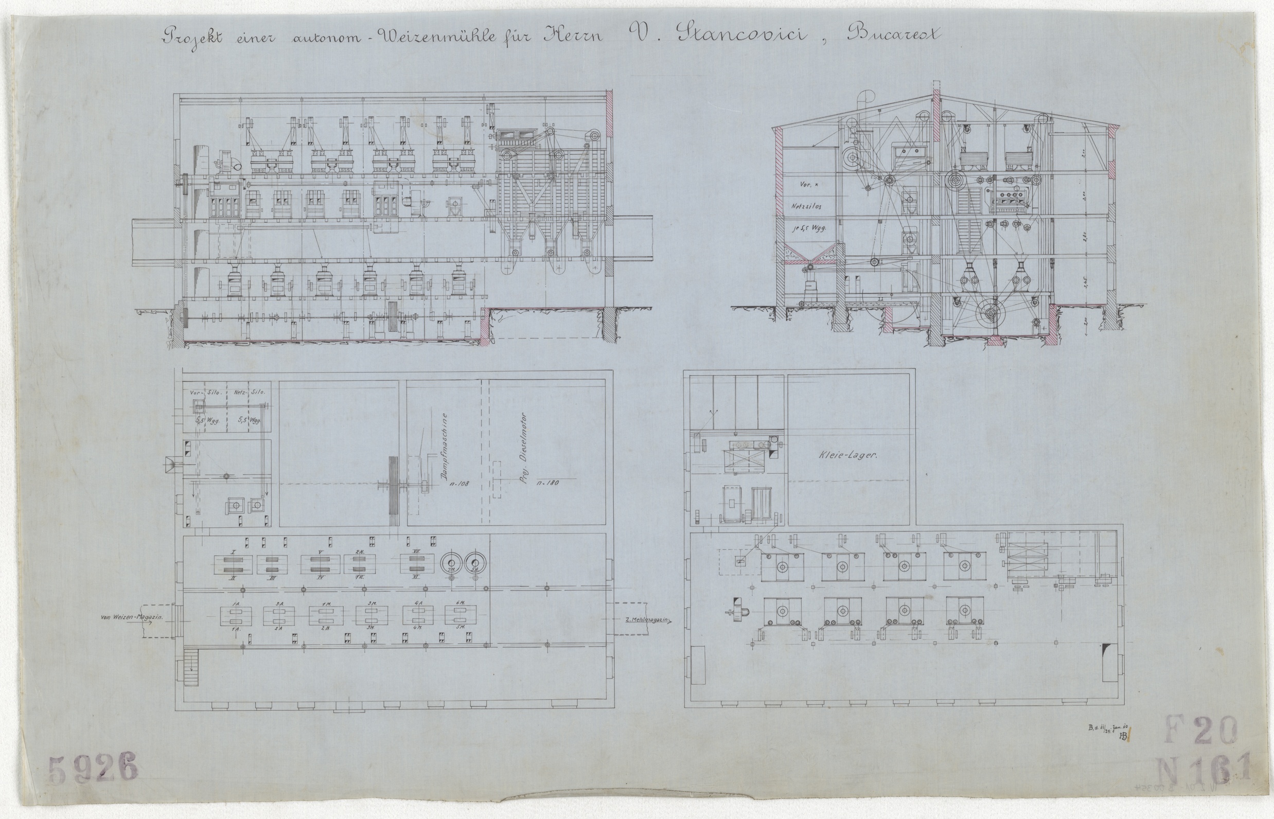 Technische Zeichnung : Projekt einer automatischen Weizenmühle für Herrn V. Stancovici, Bukarest (Stiftung Deutsches Technikmuseum Berlin CC BY-SA)