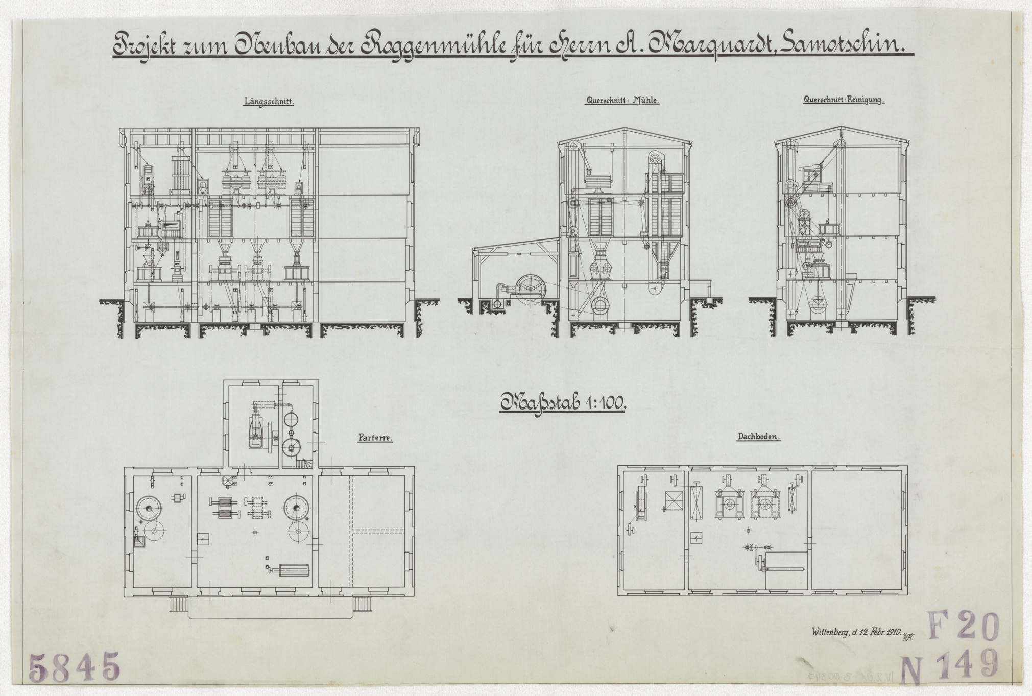 Technische Zeichnung : Projekt zum Neubau der Roggenmühle für Herrn A. Marquardt, Samotschin (Stiftung Deutsches Technikmuseum Berlin CC BY-SA)