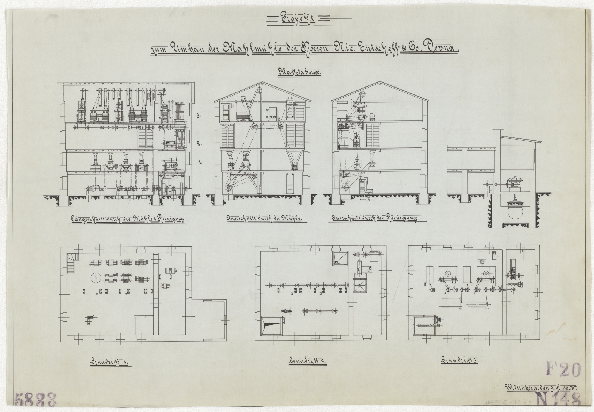 Technische Zeichnung : Projekt zum Umbau der Mahlmühle der Herren Nicola Entscheff & Co., Devna (Stiftung Deutsches Technikmuseum Berlin CC BY-SA)