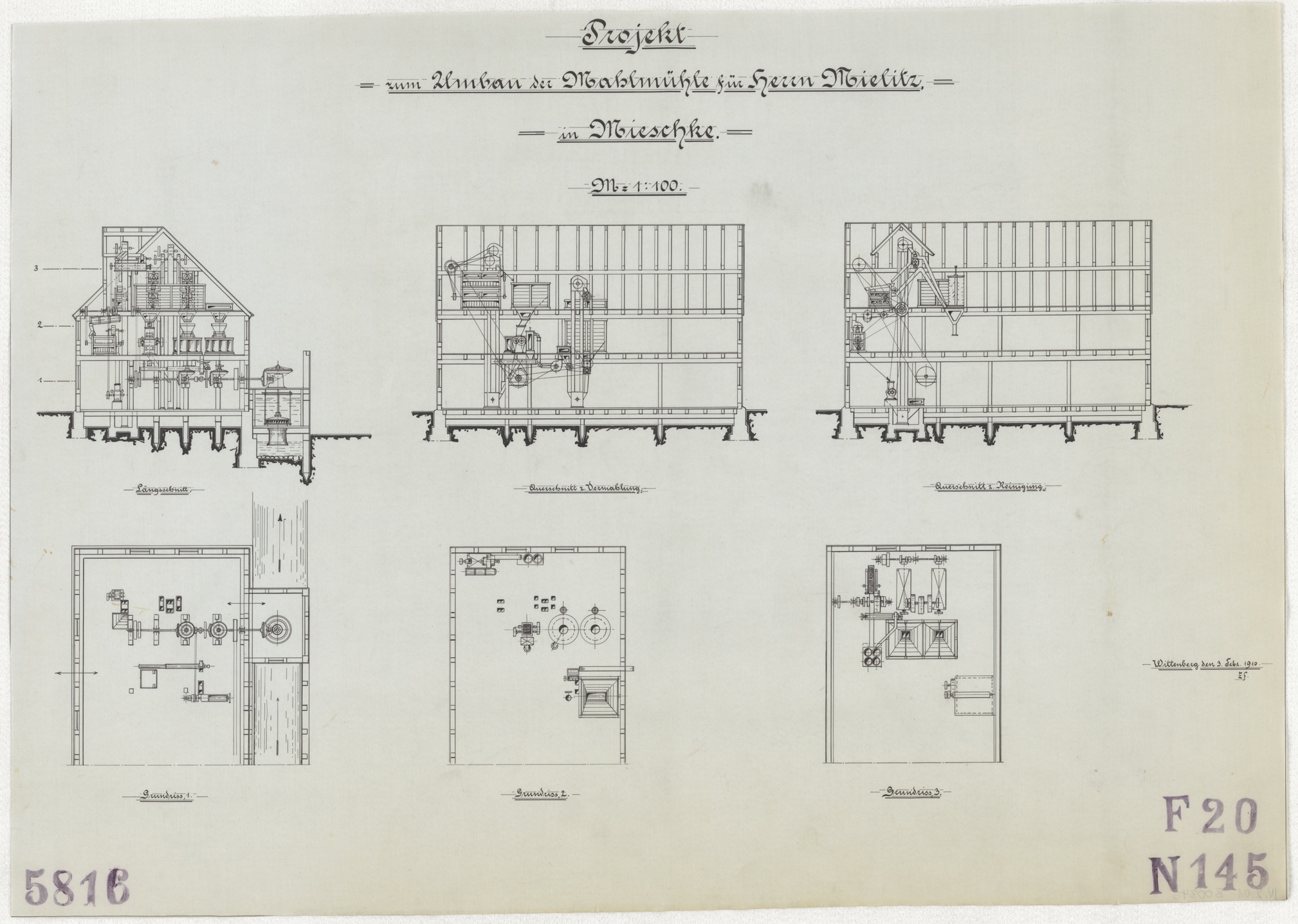 Technische Zeichnung : Projekt zum Umbau der Mahlmühle für Herrn Mielitz in Mieschke (Stiftung Deutsches Technikmuseum Berlin CC BY-SA)