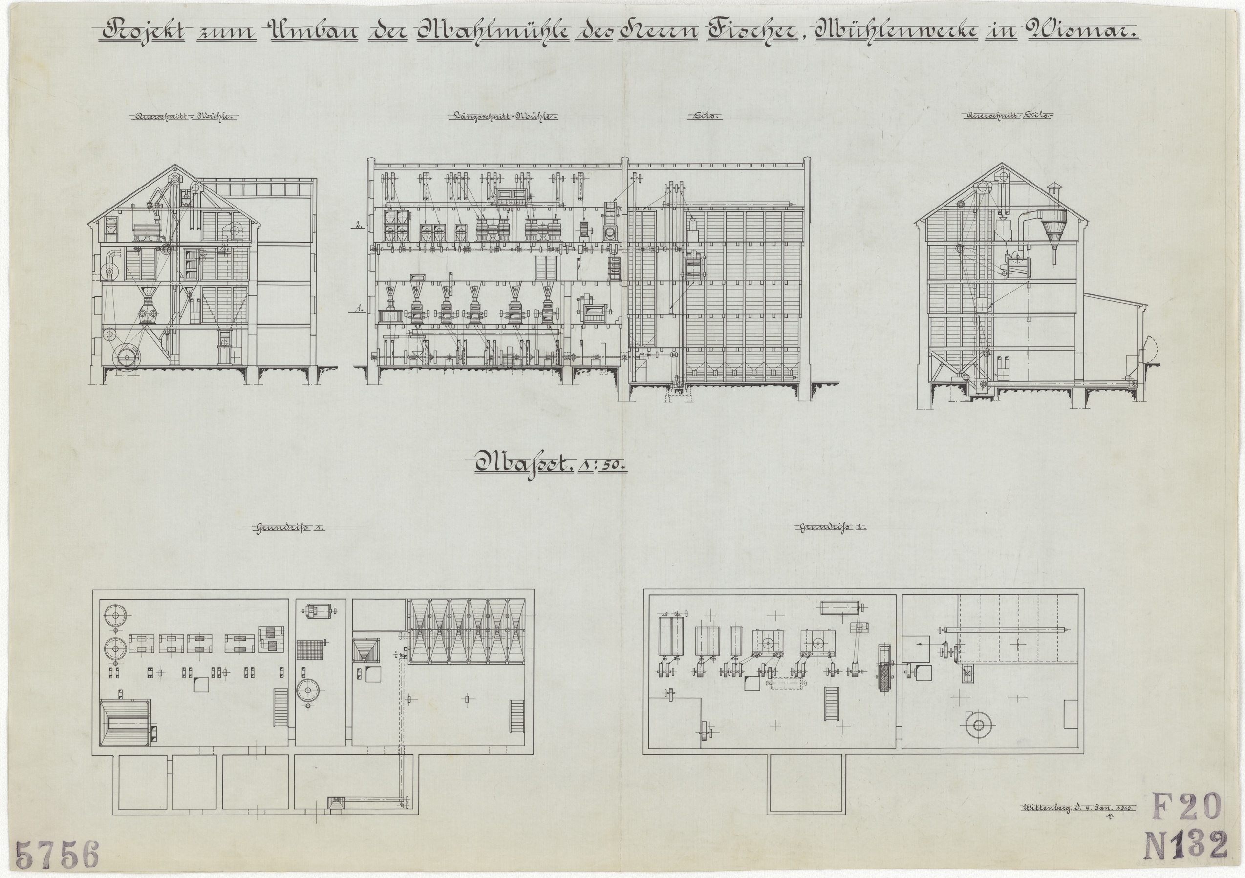 Technische Zeichnung : Projekt zum Umbau der Mahlmühle des Herrn Fischer, Mühlenwerke in Wismar (Stiftung Deutsches Technikmuseum Berlin CC BY-SA)
