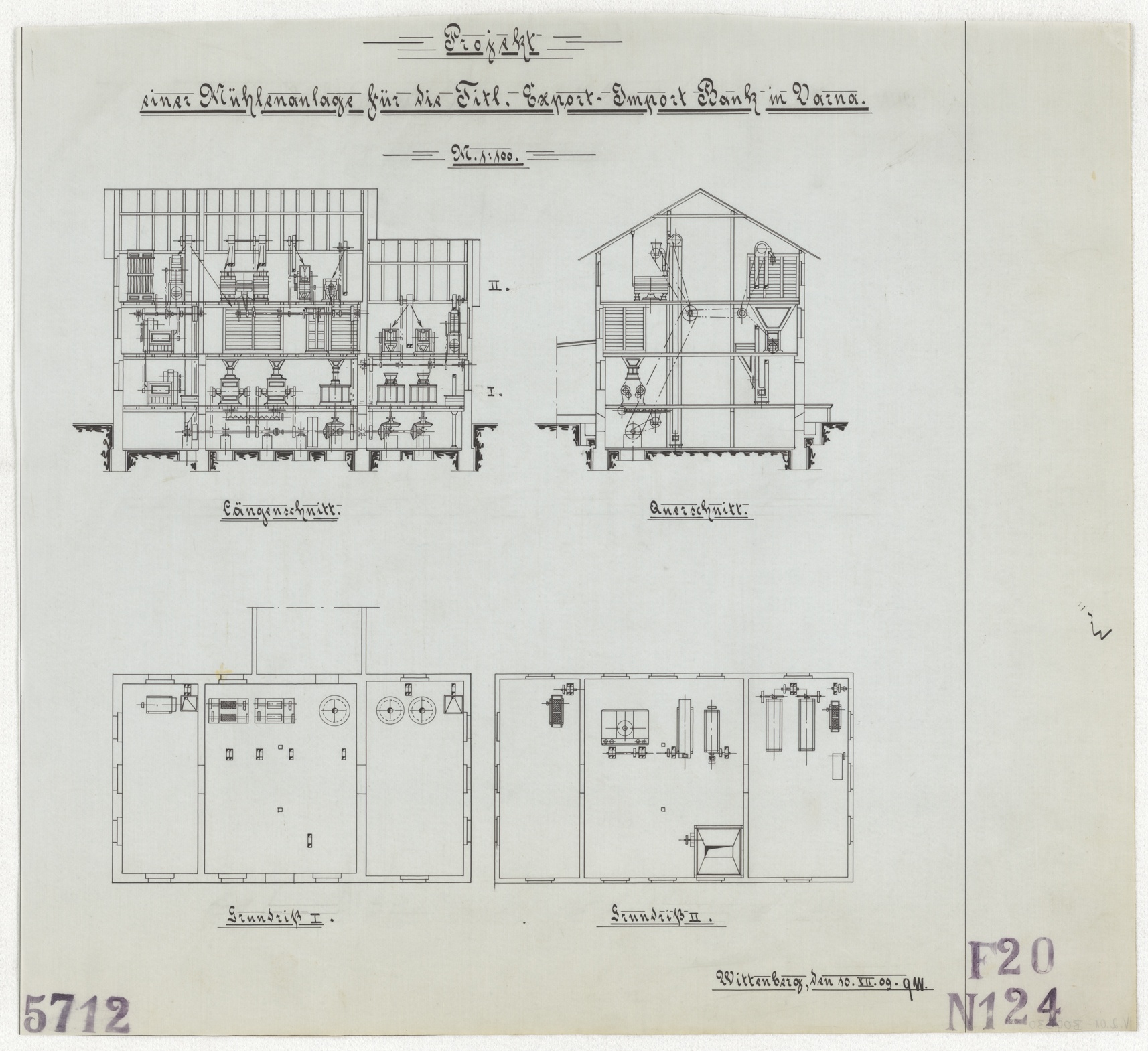 Technische Zeichnung : Projekt einer Mühlenanlage für die Titl. Export-Import Bank in Warna (Stiftung Deutsches Technikmuseum Berlin CC BY-SA)
