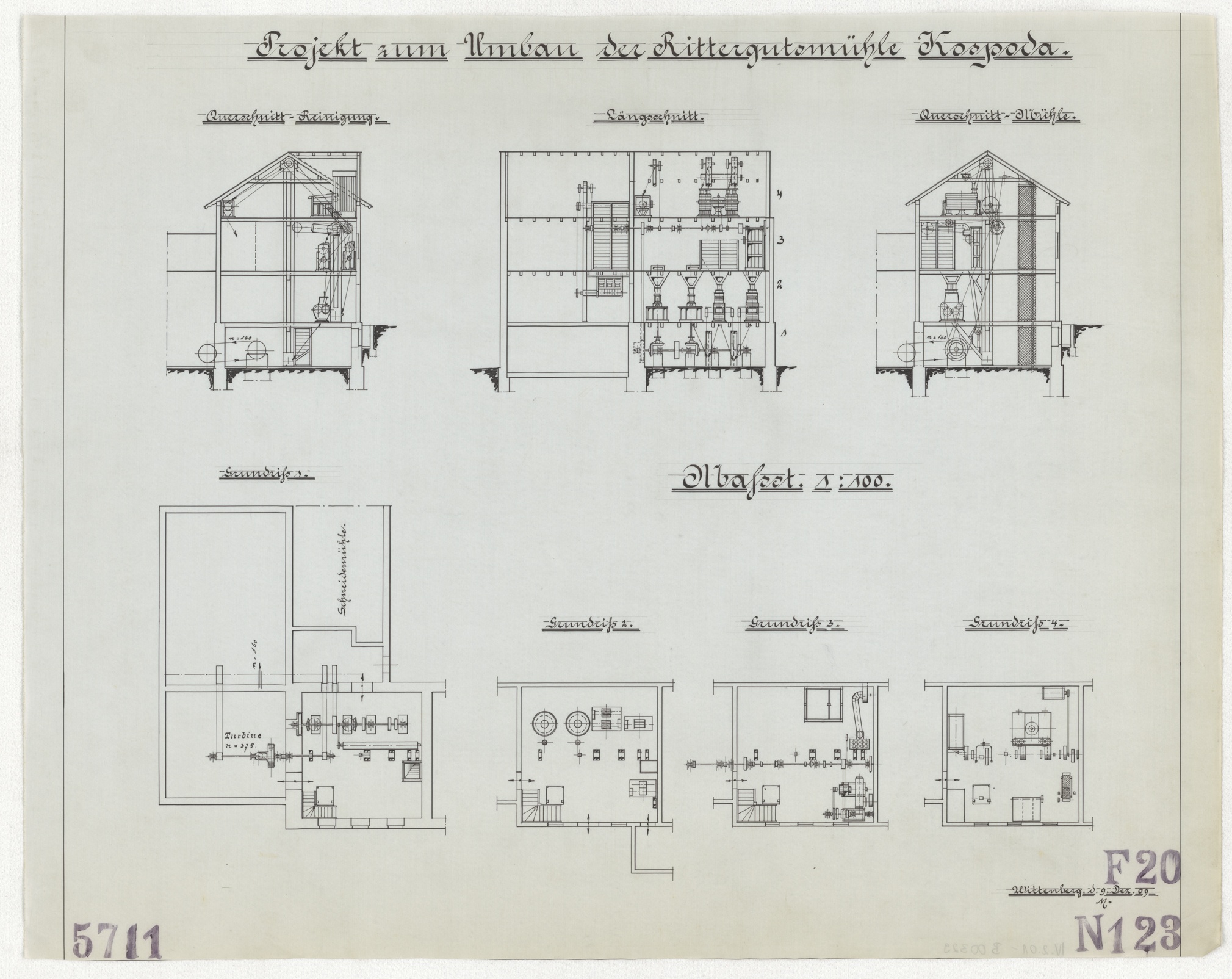 Technische Zeichnung : Projekt zum Umbau der Rittergutsmühle Kospoda (Stiftung Deutsches Technikmuseum Berlin CC BY-SA)