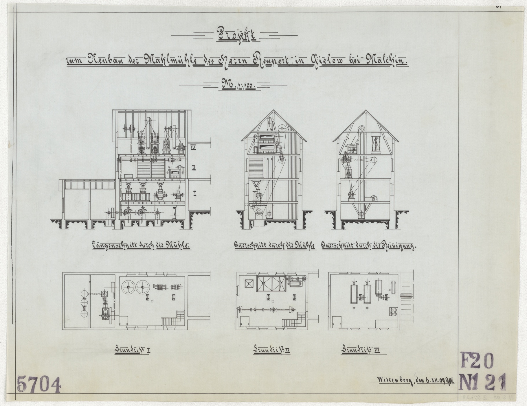 Technische Zeichnung : Projekt zum Neubau der Mahlmühle des Herrn Reupert in Gielow bei Malchin (Stiftung Deutsches Technikmuseum Berlin CC BY-SA)