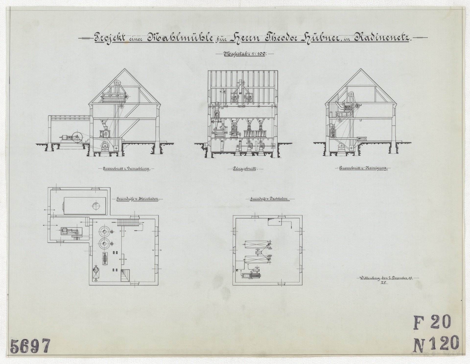 Technische Zeichnung : Projekt einer Mahlmühle für Herrn Theodor Hübner, in Radinenetz (Stiftung Deutsches Technikmuseum Berlin CC BY-SA)
