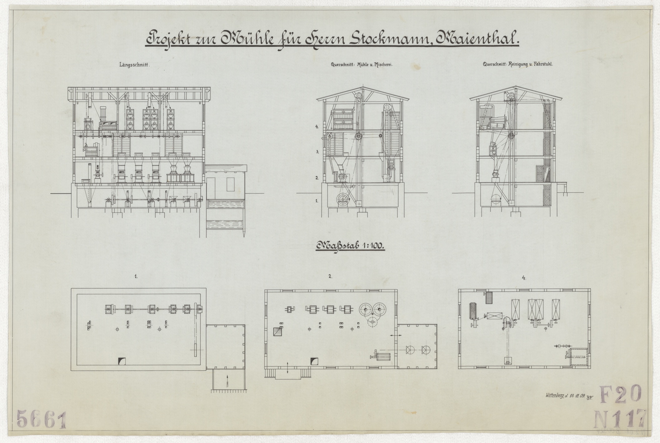 Technische Zeichnung : Projekt zur Mühle für Herrn P. Stockmann, Maienthal (Stiftung Deutsches Technikmuseum Berlin CC BY-SA)