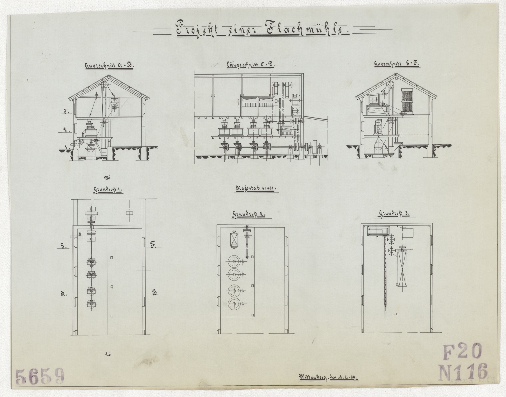 Technische Zeichnung : Projekt einer Flachmühle (Stiftung Deutsches Technikmuseum Berlin CC BY-SA)
