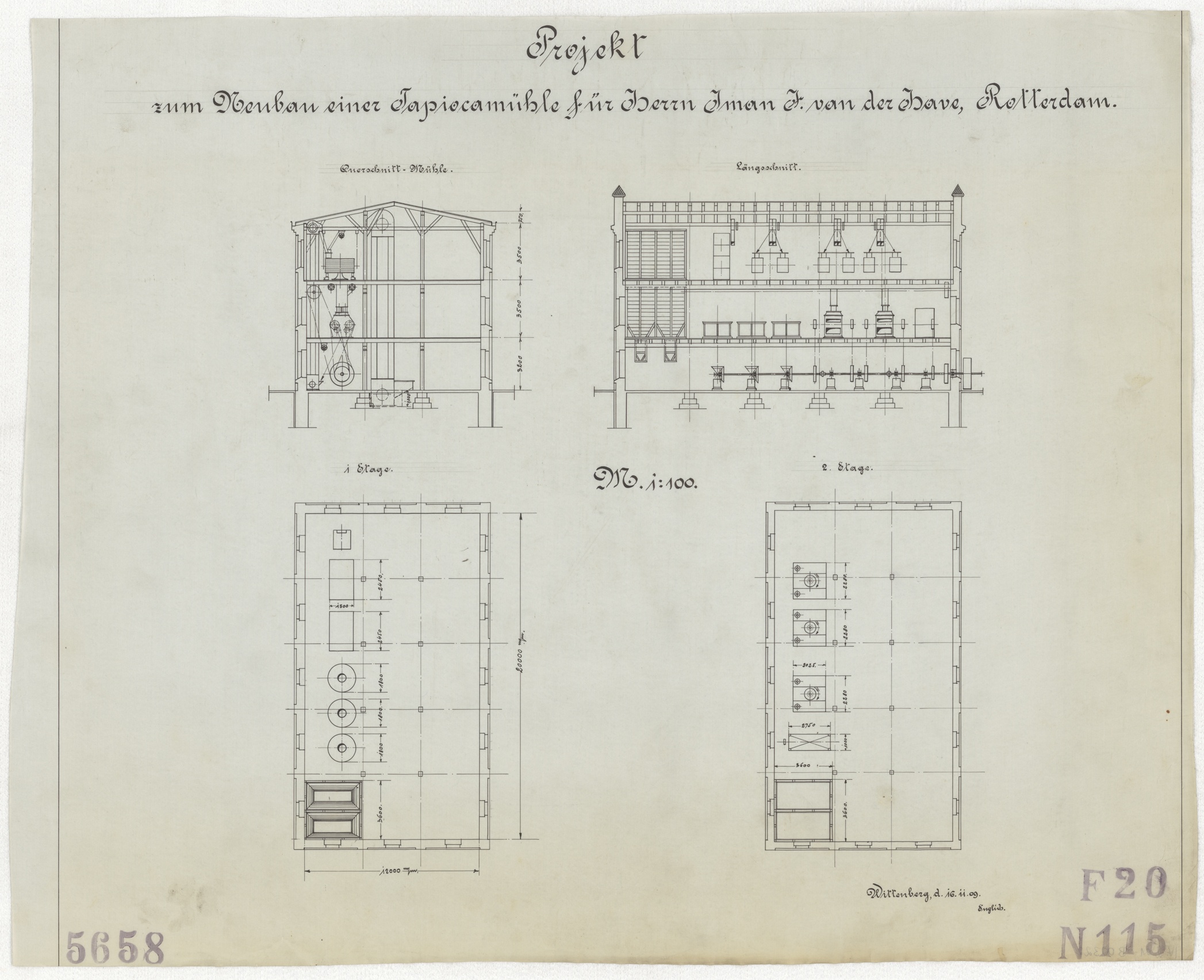 Technische Zeichnung : Projekt zum Neubau einer Tapiokamühle für Herrn Iman I. van der Have, Rotterdam (Stiftung Deutsches Technikmuseum Berlin CC BY-SA)