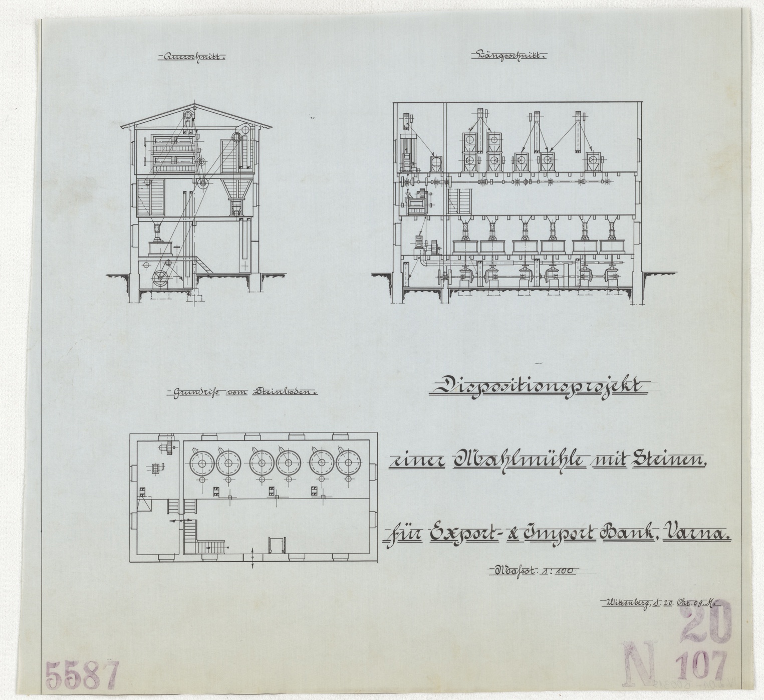 Technische Zeichnung : Dispositionsprojekt einer Mahlmühle mit Steinen für die Export-Import Bank, Warna (Stiftung Deutsches Technikmuseum Berlin CC BY-SA)