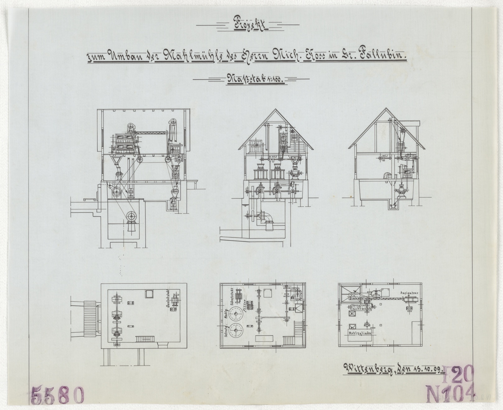 Technische Zeichnung : Projekt zum Umbau der Mahlmühle des Herrn Mich. Koss in Groß Pallubin (Stiftung Deutsches Technikmuseum Berlin CC BY-SA)