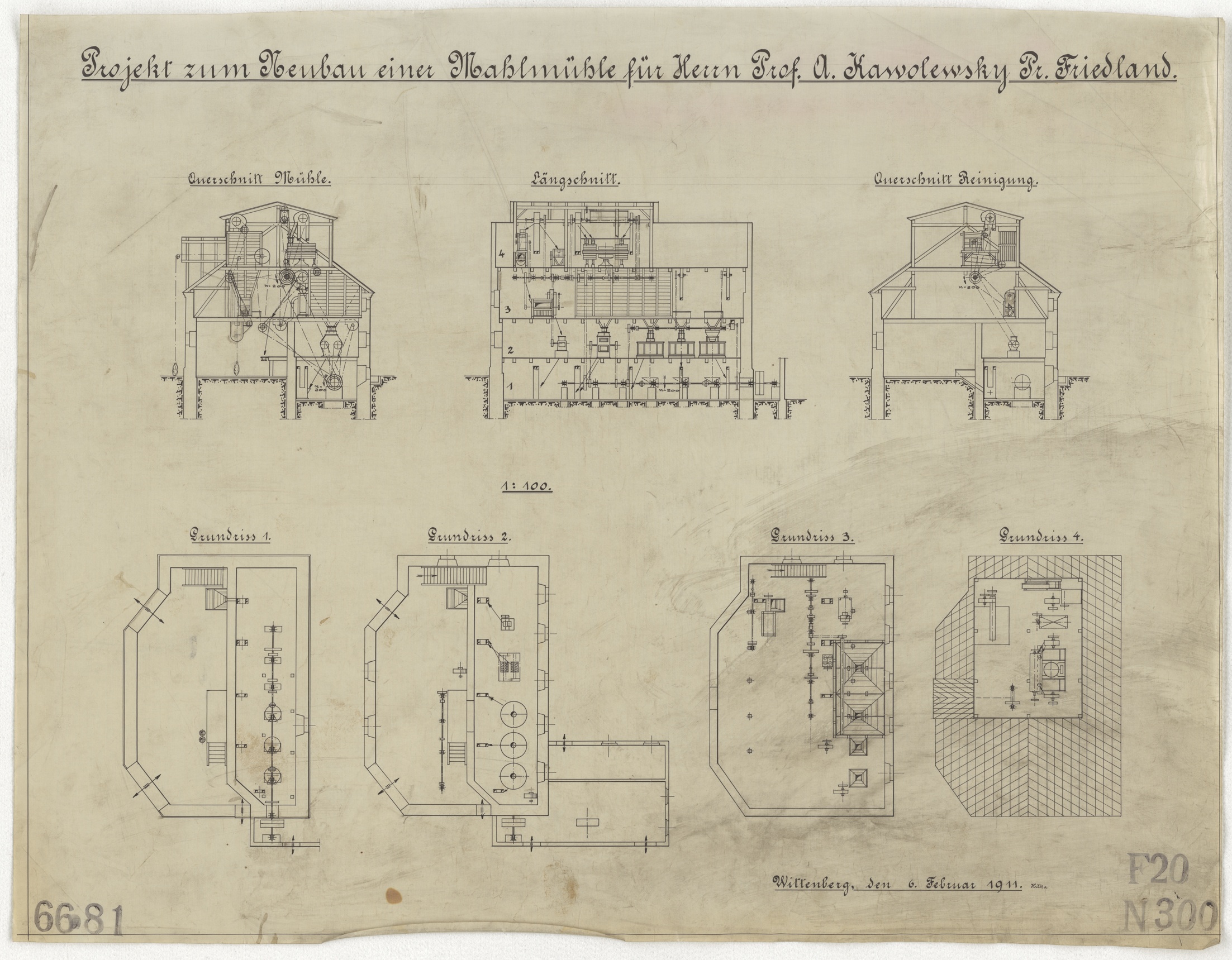 Technische Zeichnung : Projekt zum Neubau einer Mahlmühle für Herrn Prof. A. Kawolewsky[,] Preußisch Friedland (Stiftung Deutsches Technikmuseum Berlin CC BY-SA)
