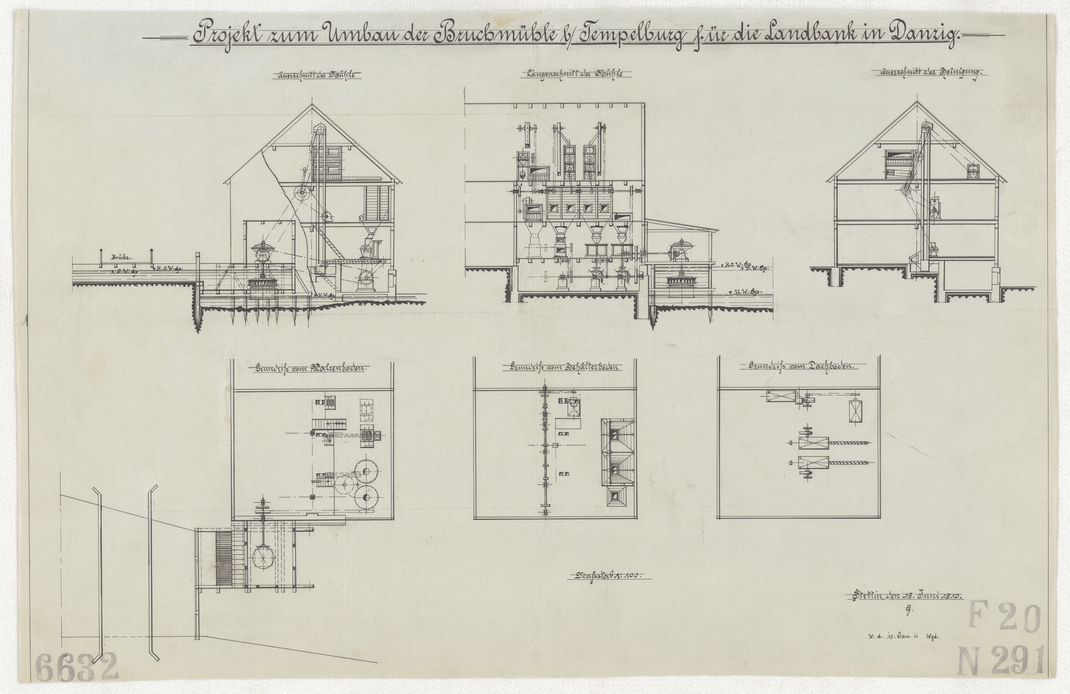 Technische Zeichnung : Projekt zum Umbau der Bruchmühle bei Tempelburg für die Landbank in Danzig (Stiftung Deutsches Technikmuseum Berlin CC BY-SA)