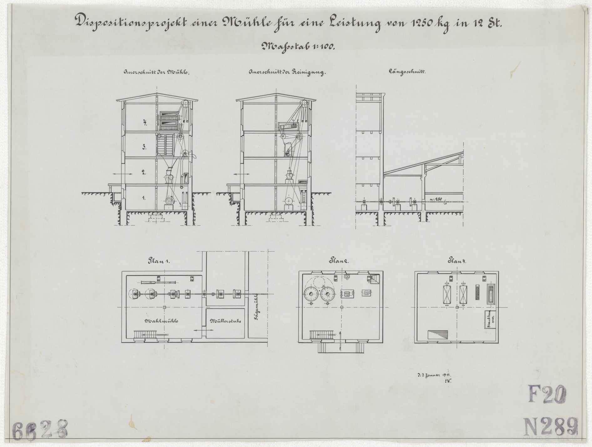 Technische Zeichnung : Dispositionsprojekt einer Mühle für eine Leistung von 1250 kg in 12 Stunden (Stiftung Deutsches Technikmuseum Berlin CC BY-SA)