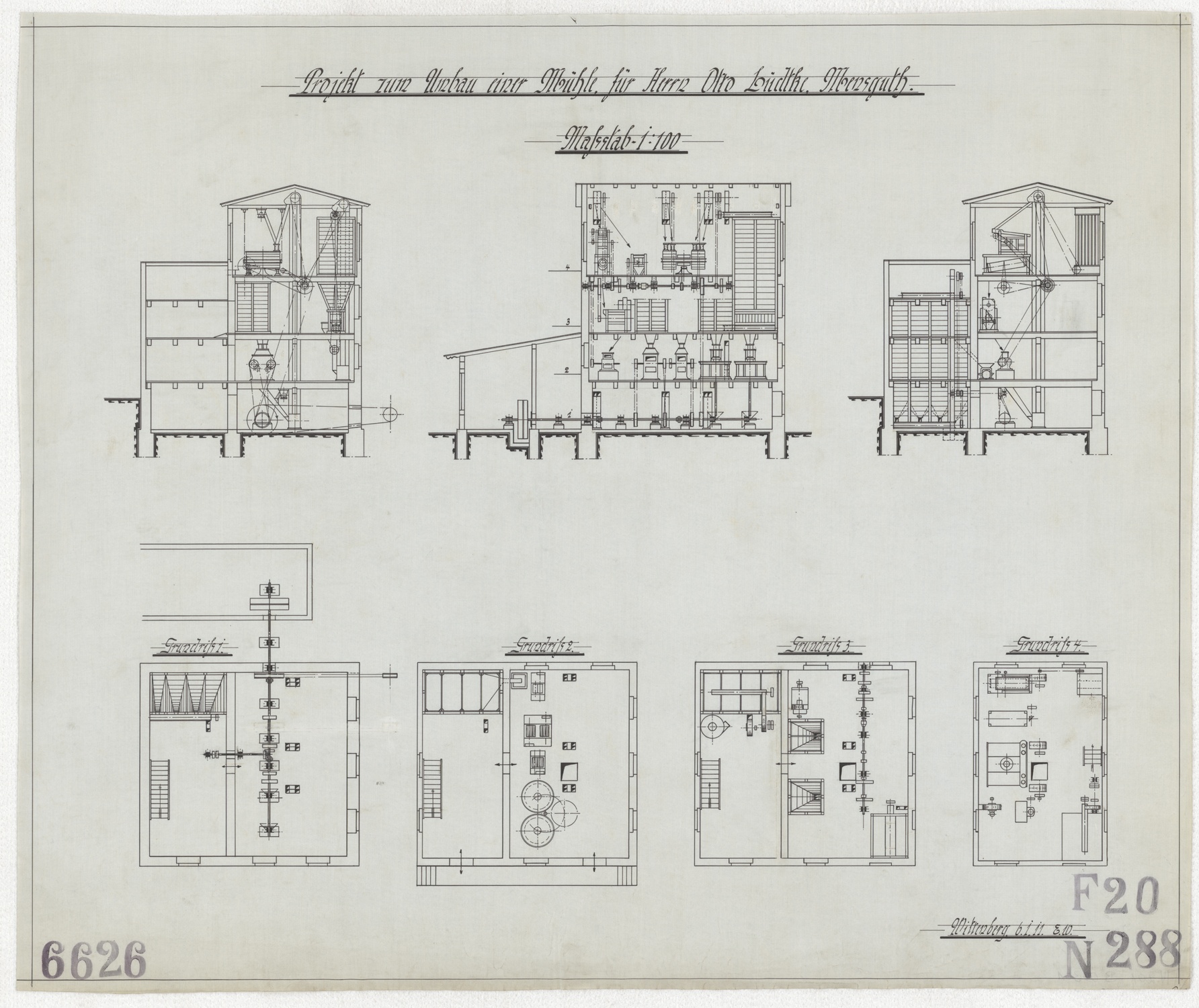 Technische Zeichnung : Projekt zum Umbau einer Mühle für Herrn Otto Lüdtke, Mensguth (Stiftung Deutsches Technikmuseum Berlin CC BY-SA)