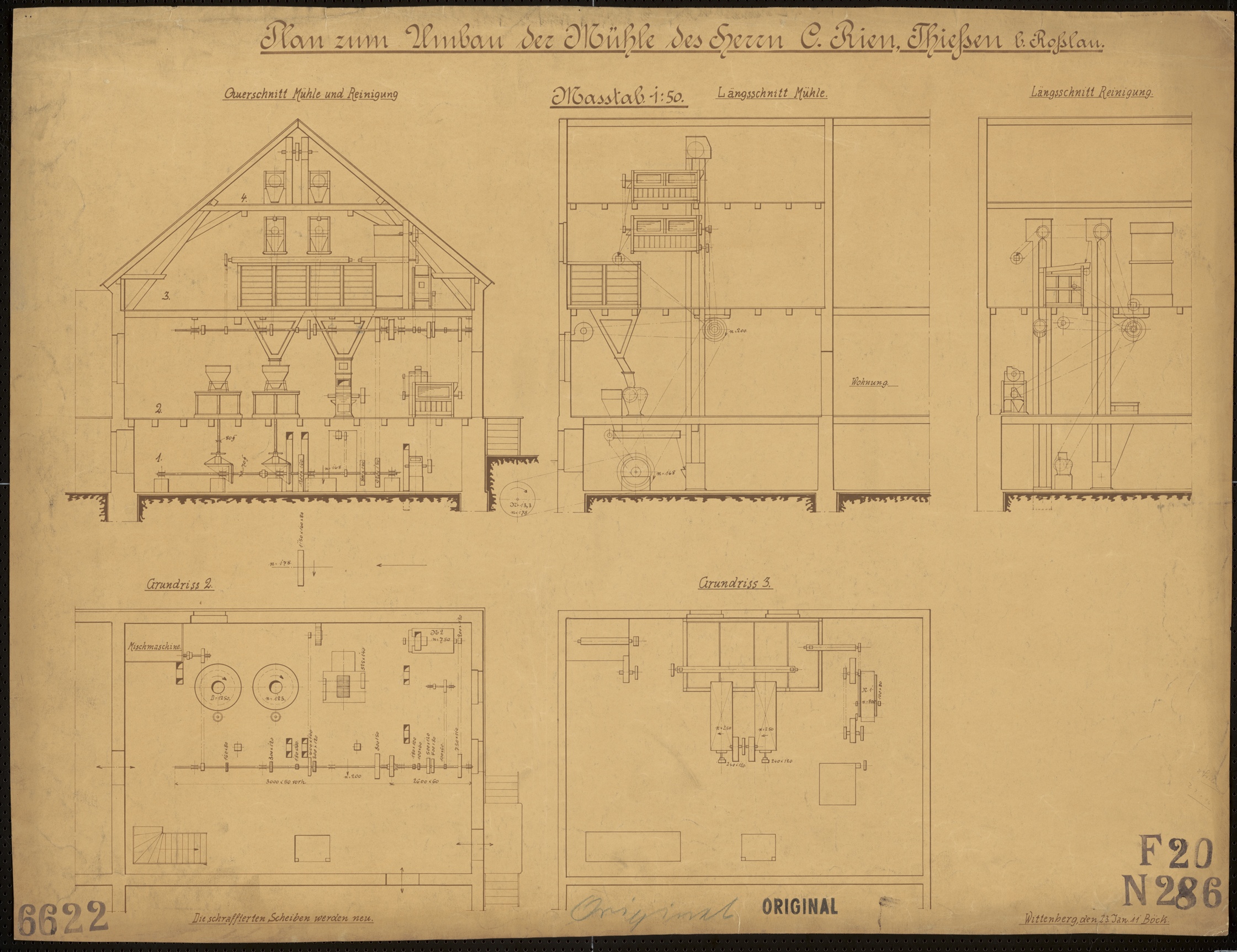 Technische Zeichnung : Plan zum Umbau der Mühle des Herrn C. Rien, Thießen bei Roßlau (Stiftung Deutsches Technikmuseum Berlin CC BY-SA)