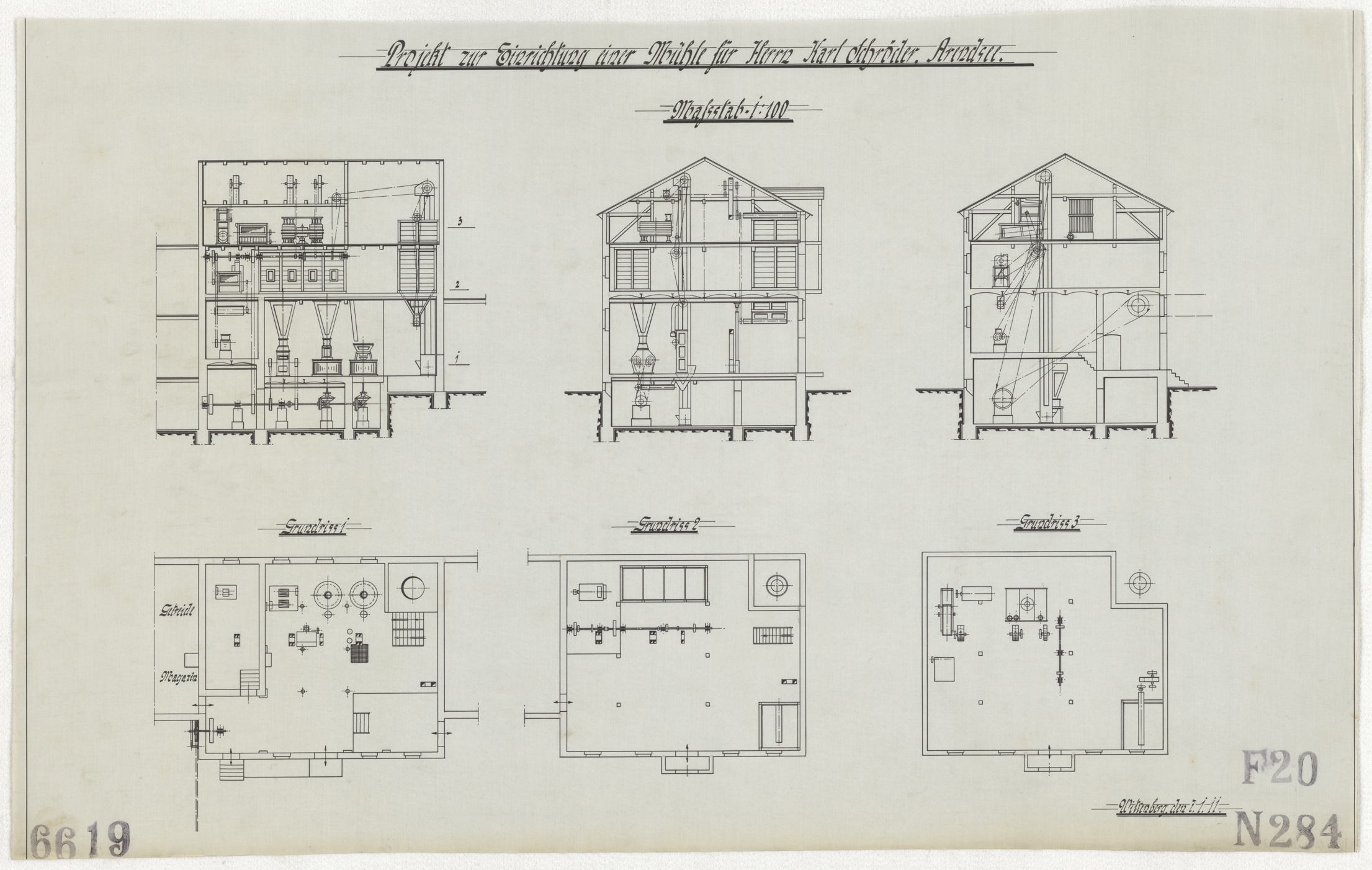 Technische Zeichnung : Projekt zur Einrichtung einer Mühle für Herrn Karl Schröder, Arendsee (Stiftung Deutsches Technikmuseum Berlin CC BY-SA)
