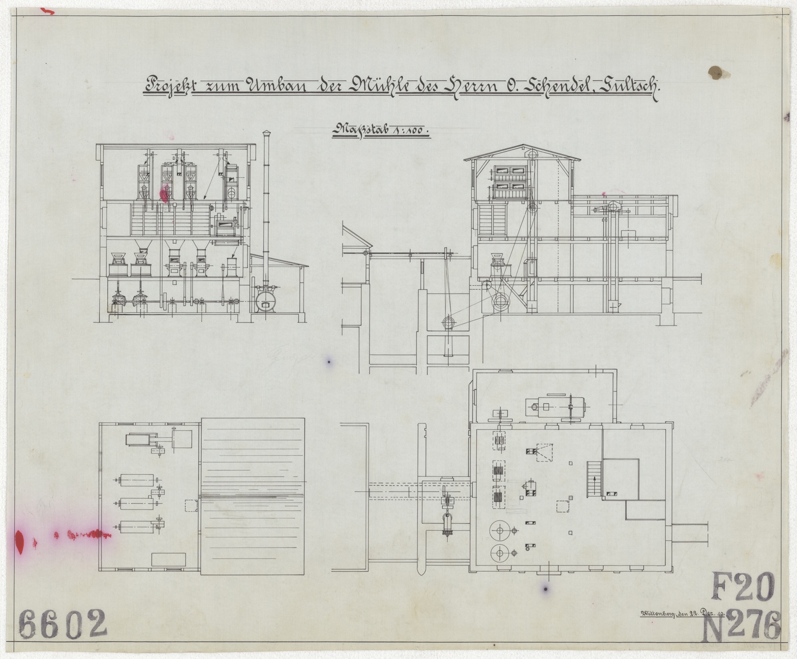 Technische Zeichnung : Projekt zum Umbau der Mühle des Herrn O. Schendel, Gultsch (Stiftung Deutsches Technikmuseum Berlin CC BY-SA)
