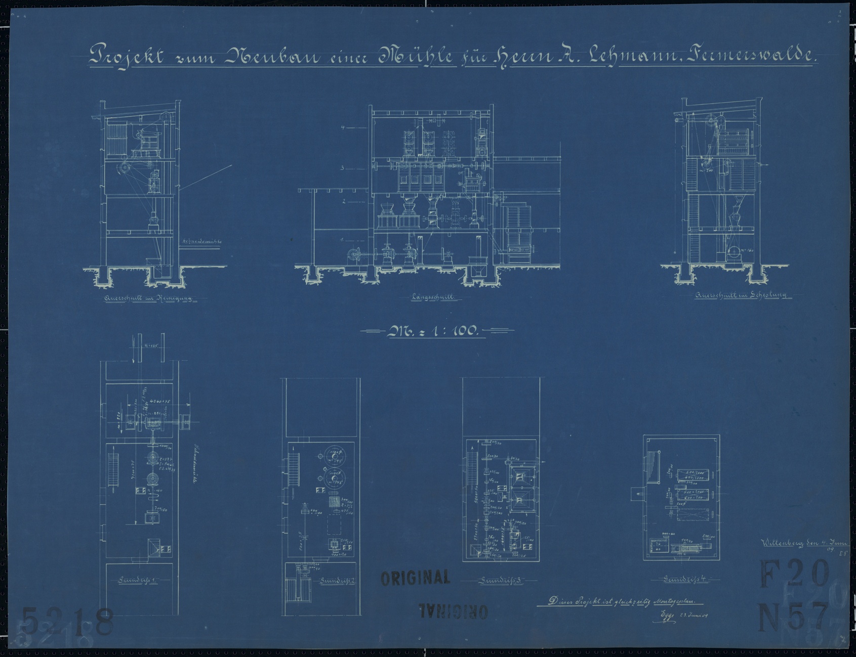 Technische Zeichnung : Projekt zum Neubau einer Mühle für Herrn A. Lehmann, Fermerswalde (Stiftung Deutsches Technikmuseum Berlin CC BY-SA)