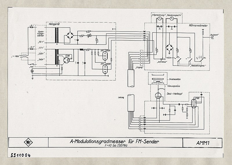 Dunkelschaltbild des A-Modulationsgradmessers AMM1 für FM Sender 40 - 230 Mhz. (www.industriesalon.de CC BY-SA)