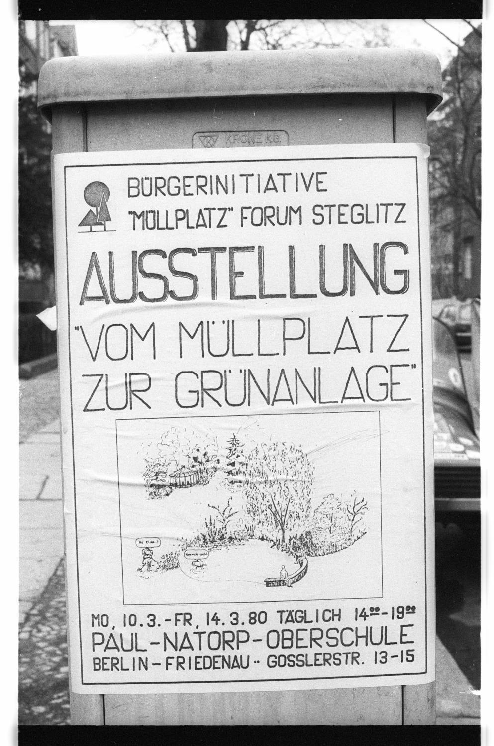 Kleinbildnegative: Ausstellungsankündigung „Vom Müllplatz zur Grünanlage“, 1980 (Museen Tempelhof-Schöneberg/Jürgen Henschel RR-F)