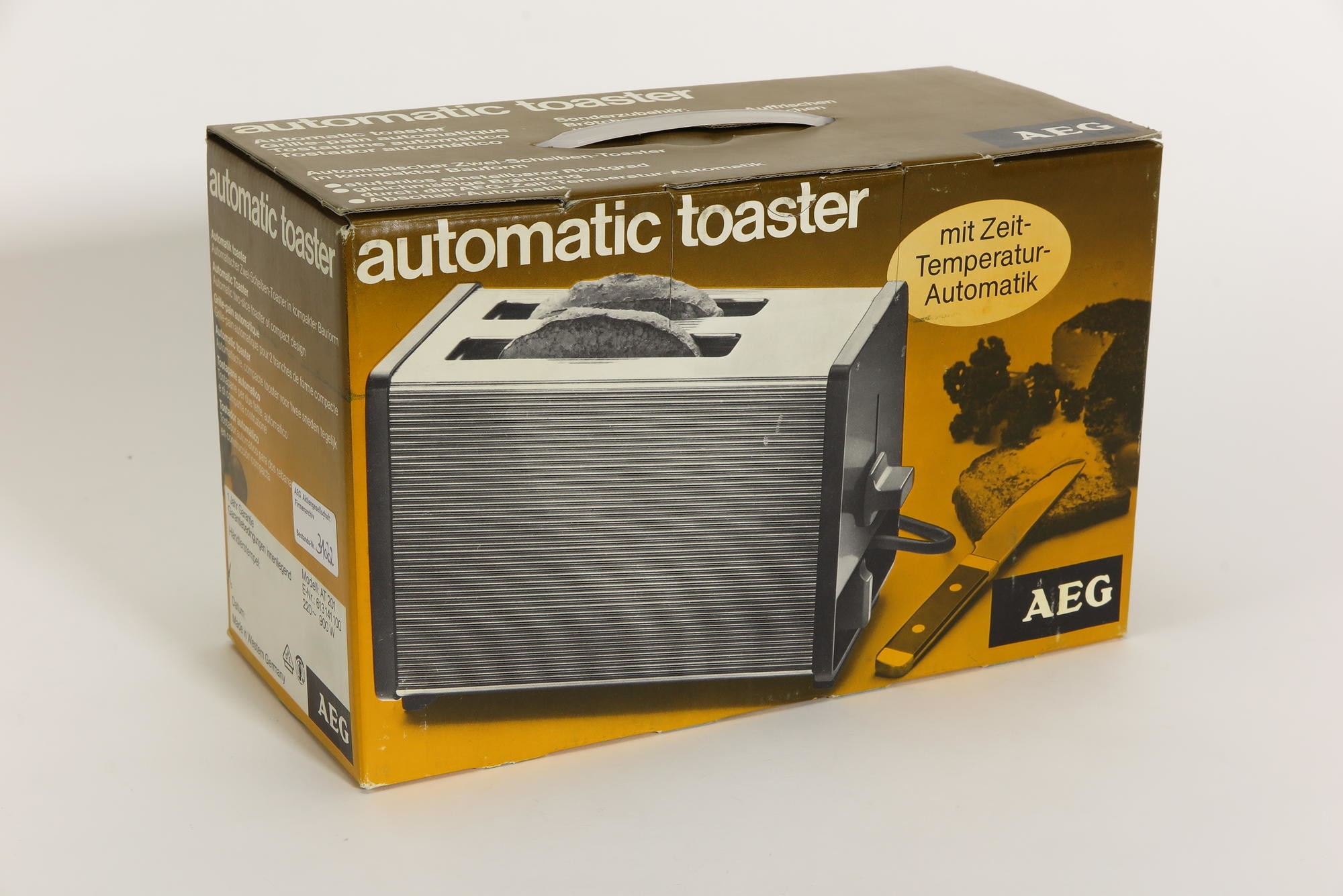 Verpackungskarton, Zubehör zu Automatischer Toaster AEG Typ E WK 0001 Modell AT 201 `automatic toaster´ (Stiftung Deutsches Technikmuseum Berlin CC0)