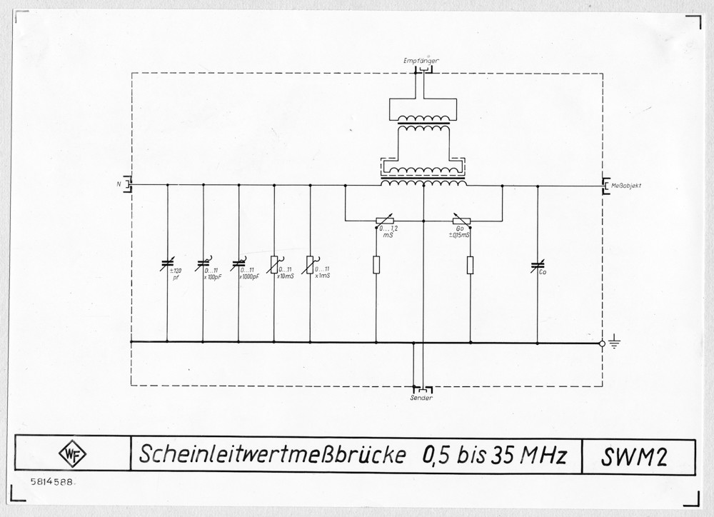 Deckelschaltbild SWM2, Scheinleitwertmeßbrücke 05-35 MHz 14-06.73004,2/00; Foto, Januar 1958 (www.industriesalon.de CC BY-SA)