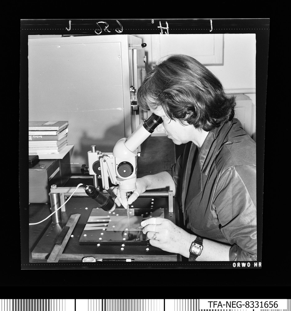 Paf techn. Herstellung, Frau am Arbeitsplatz, Foto 2; Foto, 28. November 1983 (www.industriesalon.de CC BY-NC-SA)