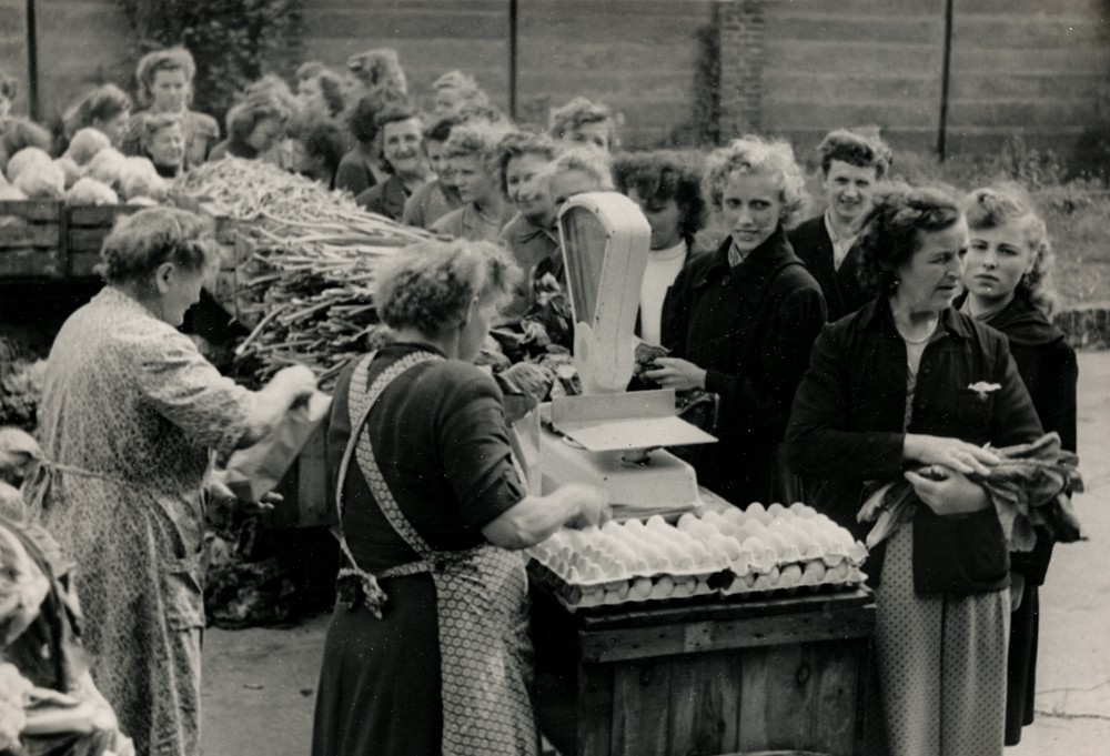 Bauernmarkt (Afo-Gelände) ["Akkumulatorenfabrik Oberschöneweide"]; Foto, Juli 1954 (www.industriesalon.de CC BY-NC-SA)