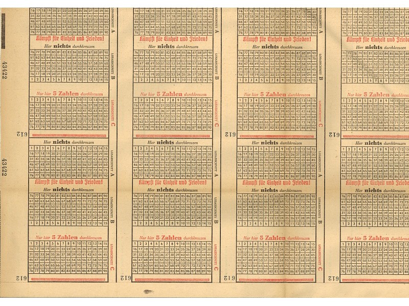 Druckbogen für Lottoscheine; Foto, 1953 (www.industriesalon.de CC BY-SA)