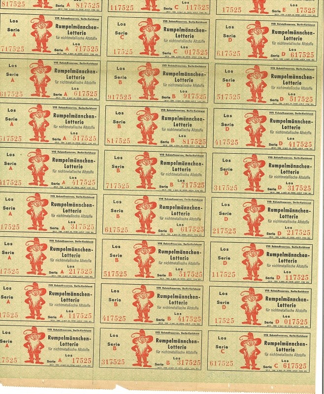 Druckbogen Lotteriescheine "Rumpelmännchen Lotterie"; Foto, 1955 (www.industriesalon.de CC BY-SA)