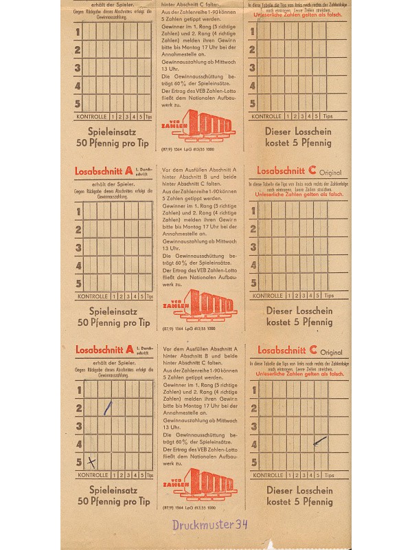 Druckbogen Lottoscheine VEB Zahlenlotto ; Foto, 1953 (www.industriesalon.de CC BY-SA)