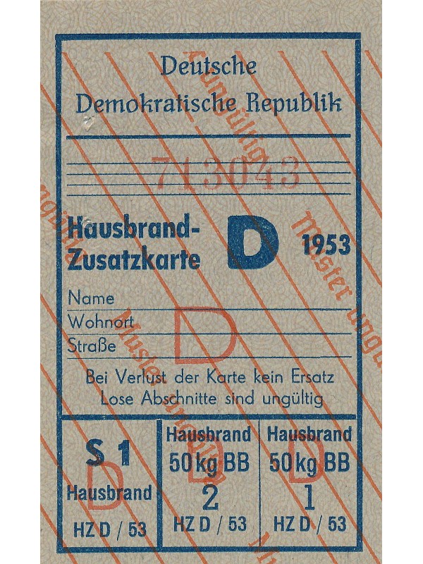 Druckmuster Hausbrand-Zusatzkarte Braunkohlebriketts; Foto, 1955 (www.industriesalon.de CC BY-SA)