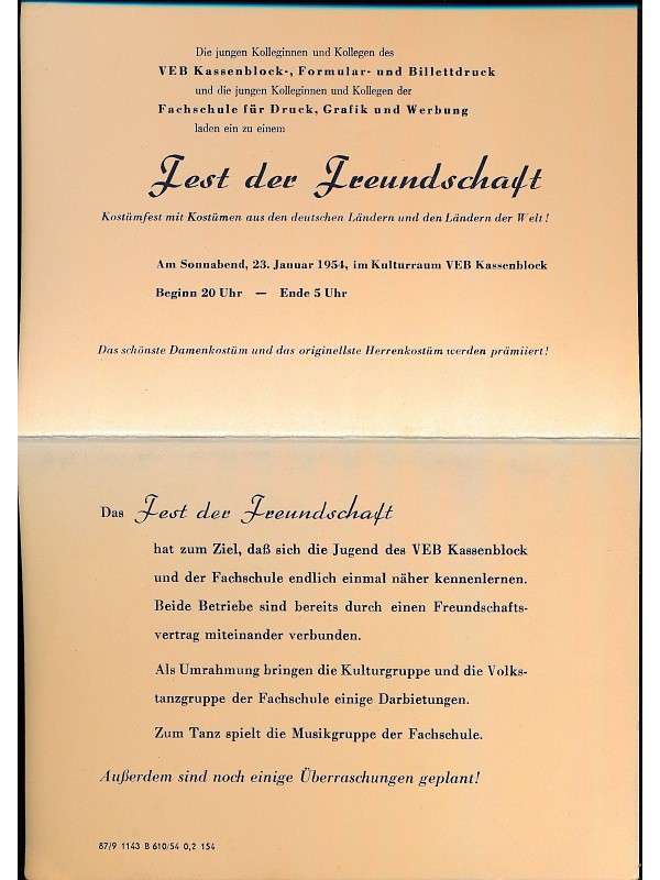 Einladungskarte Fest der Freundschaft; Foto, 1954 (www.industriesalon.de CC BY-SA)