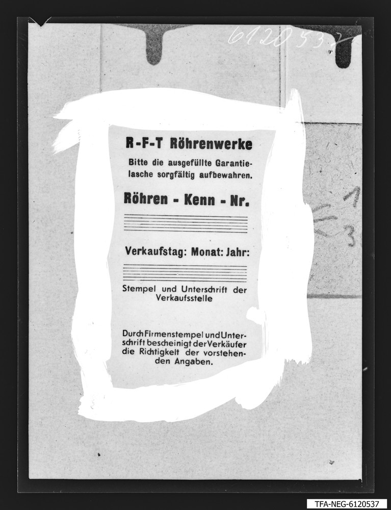 Findbucheintrag: Garantielasche der Röhrenpackung; Foto, September 1961 (www.industriesalon.de CC BY-SA)