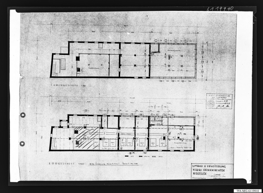 Findbucheintrag: Plan Ofenkachelwerk Herzfelde, Grundriss Eg und 1. Stock; Foto, 20. Februar 1961 (www.industriesalon.de CC BY-SA)