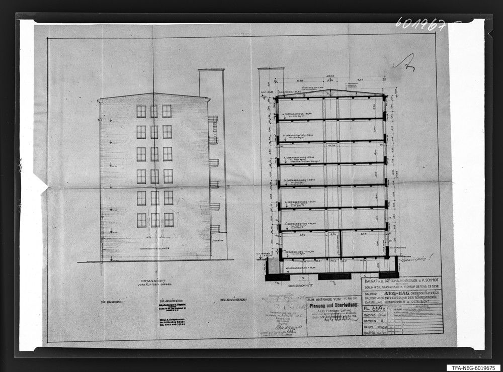Findbucheintrag: Plan roter Neubau AEG 1941, Aufriss und Querschnitt; Foto, 30. November 1960 (www.industriesalon.de CC BY-SA)