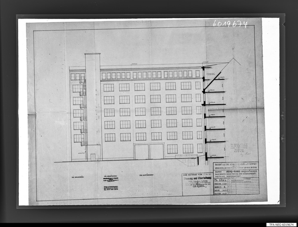 Findbucheintrag: Plan roter Neubau AEG 1941, Grundriss; Foto, 30. November 1960 (www.industriesalon.de CC BY-SA)