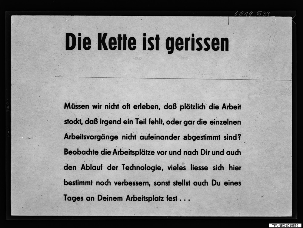 Findbucheintrag: Werbe-Text für BFE-Plakat "die Wette ist gerissen"; Foto, 6. Oktober 1960 (www.industriesalon.de CC BY-SA)