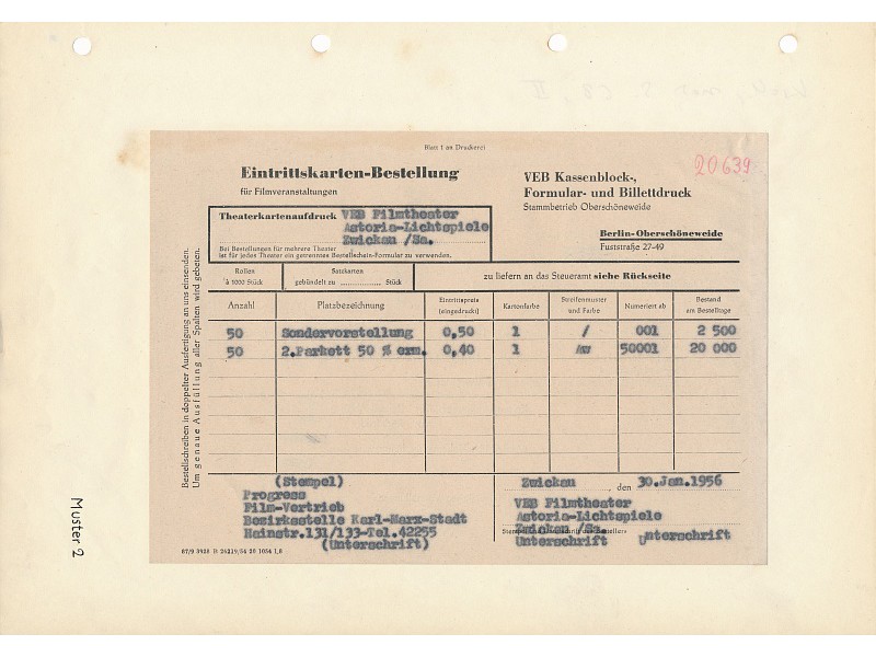 Formular für Bestellung von Kinoeintrittskarten; Foto, 1956 (www.industriesalon.de CC BY-SA)