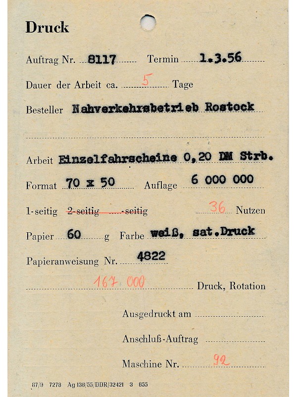 Interner Beleg für Druck von Fahrscheinen; Foto, 1956 (www.industriesalon.de CC BY-SA)