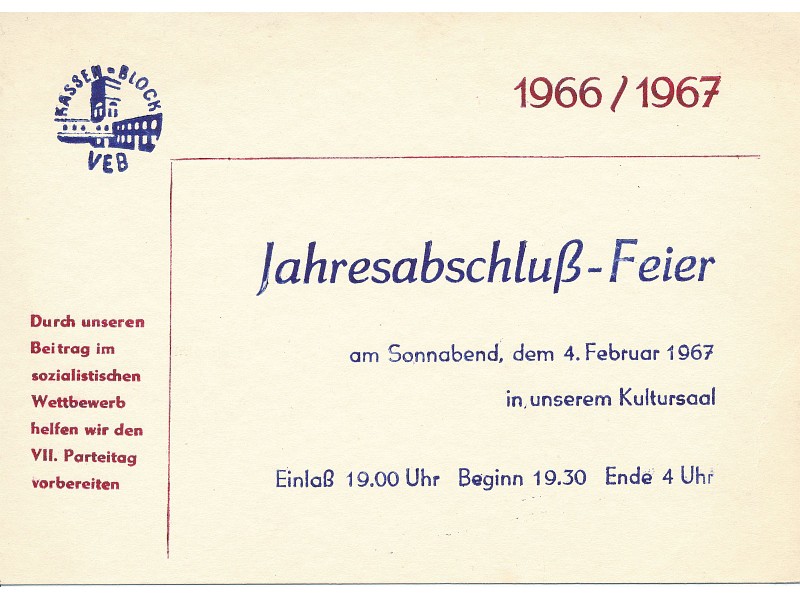 Karte Jahresabschlußfeier 1966/77; Foto, 1967 (www.industriesalon.de CC BY-SA)