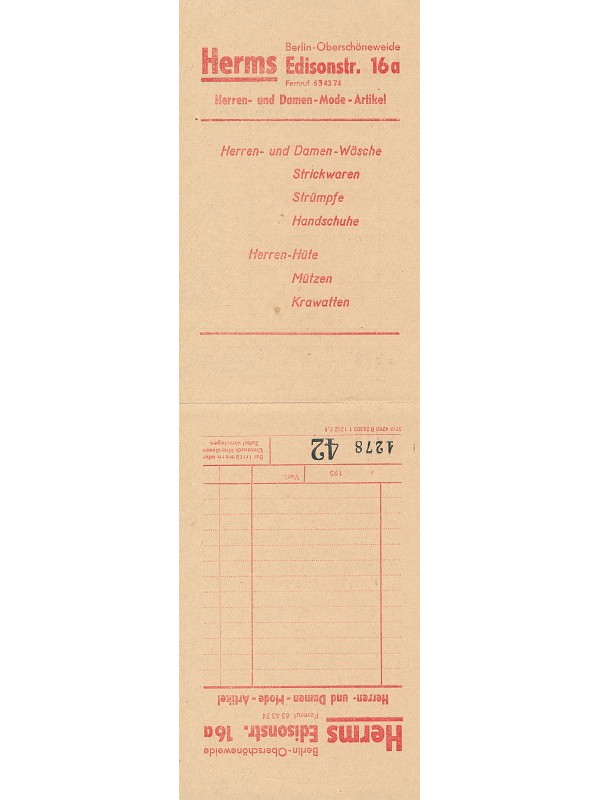 Kassendurchschreibebeleg Bekleidungsgeschäft Herms; Foto, 1955 (www.industriesalon.de CC BY-SA)