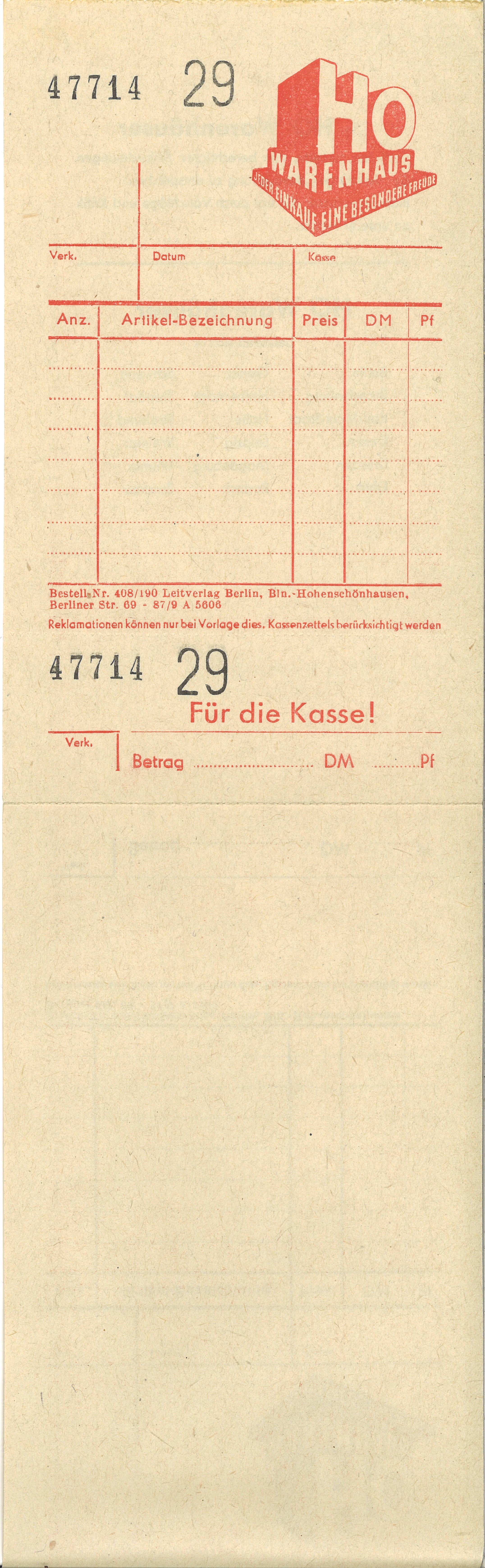 Kassendurchschreibebeleg HO-Warenhäuser; Foto, 1956 (www.industriesalon.de CC BY-NC-SA)
