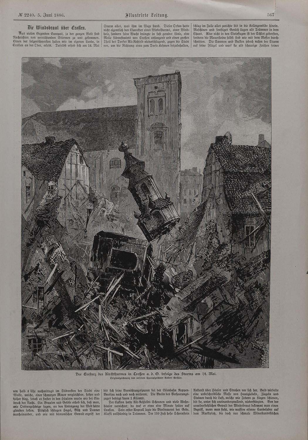 Crossen/Oder: Einsturz des Kirchturms durch einen Tornado am 14. Mai 1886 (Landesgeschichtliche Vereinigung für die Mark Brandenburg e.V., Archiv CC BY)