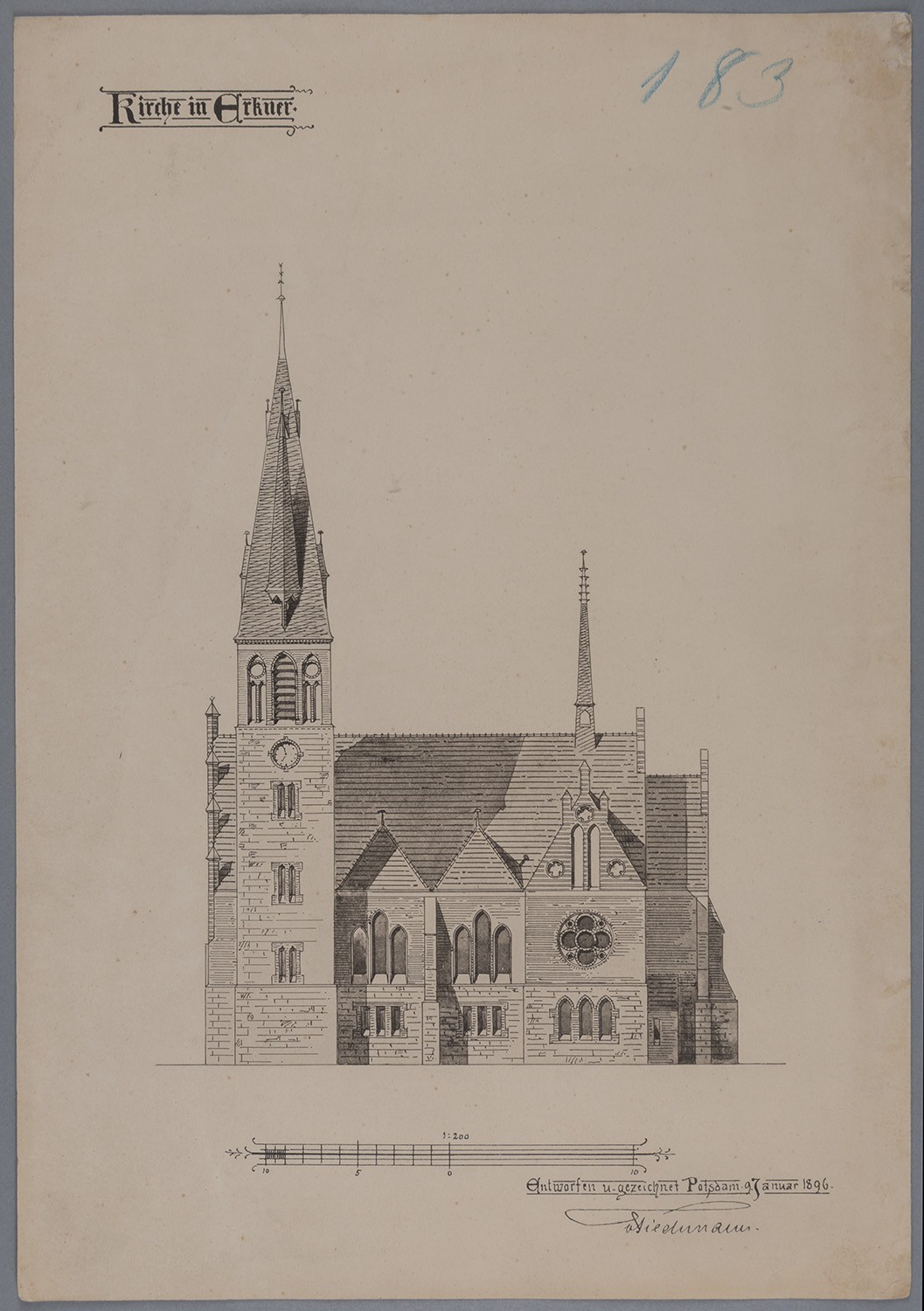 Erkner (Kr. Niederbarnim): Kirche, Ansicht von Süden. Maßstab 1:200 (Landesgeschichtliche Vereinigung für die Mark Brandenburg e.V., Archiv CC BY)