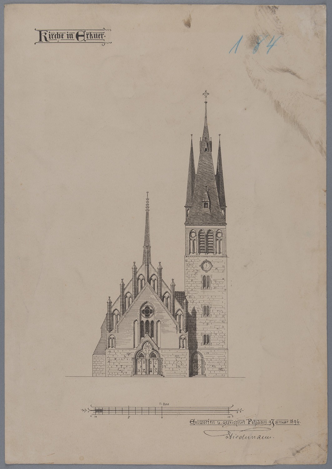 Erkner (Kr. Niederbarnim): Kirche, Ansicht von Westen. Maßstab 1:200 (Landesgeschichtliche Vereinigung für die Mark Brandenburg e.V., Archiv CC BY)
