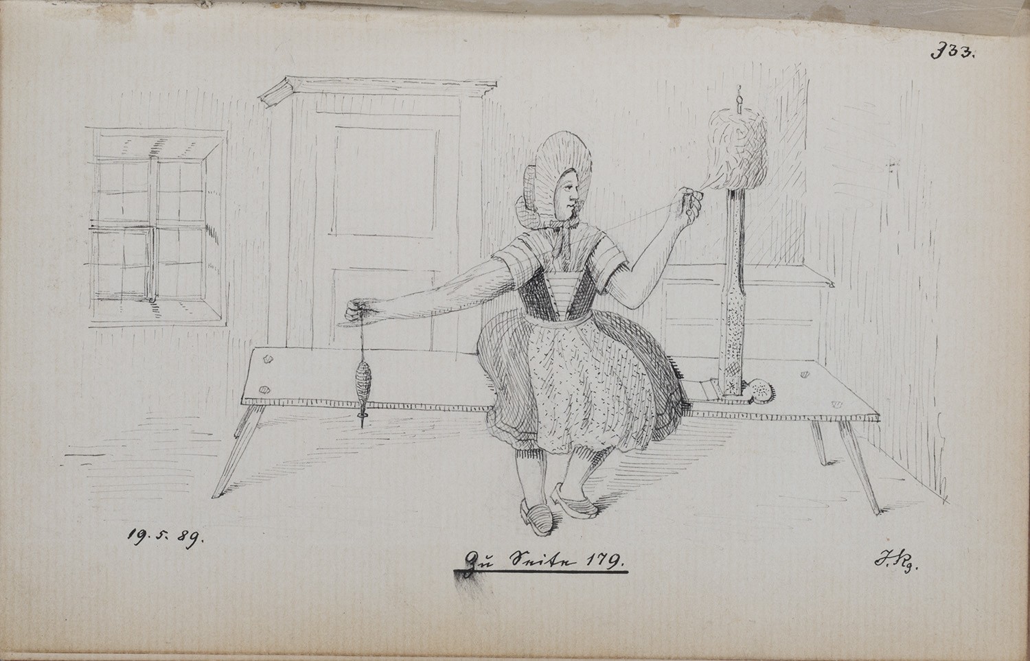 Gahry (Kr. Cottbus): Frau in Tracht beim Spinnen (Landesgeschichtliche Vereinigung für die Mark Brandenburg e.V., Archiv CC BY)