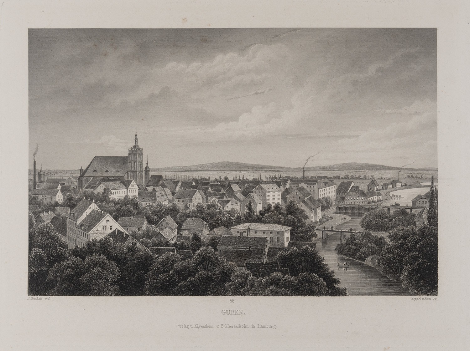 Guben: Stadtansicht von Nordwesten (Brandenburgisches Album, Blatt 56) (Landesgeschichtliche Vereinigung für die Mark Brandenburg e.V., Archiv CC BY)