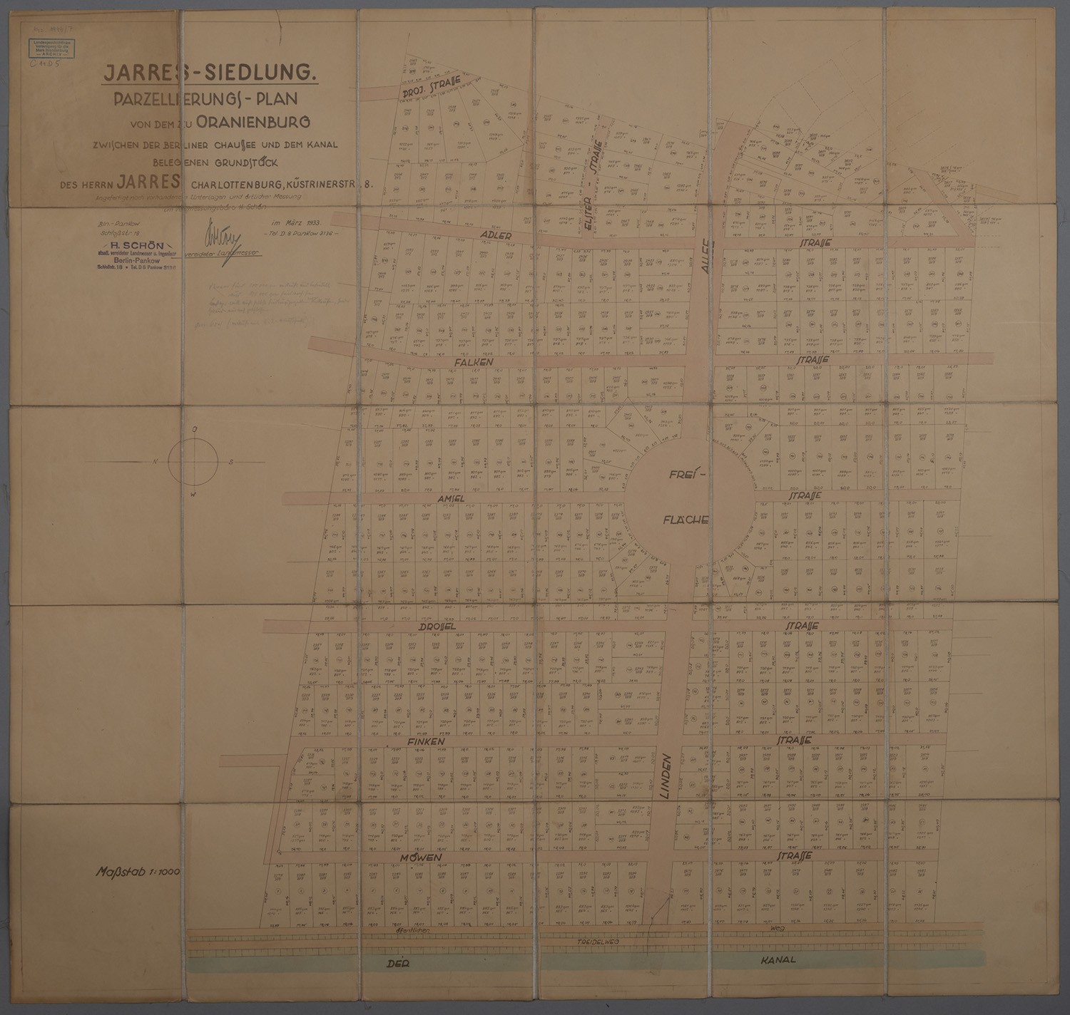 Oranienburg: Jarres-Siedlung. Parzellierungsplan. Maßtab 1.1.000 (Landesgeschichtliche Vereinigung für die Mark Brandenburg e.V., Archiv CC BY)